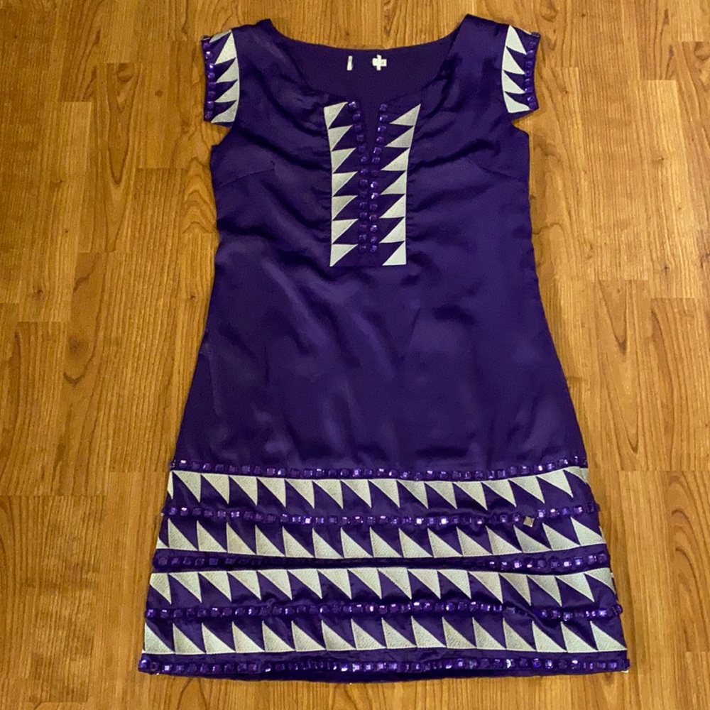Purple Silk lined dress with stones. Size 4